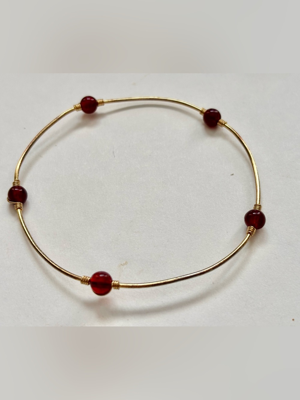 Gold Wire Bangle Bracelet with Red Beads - Women's Jewelry